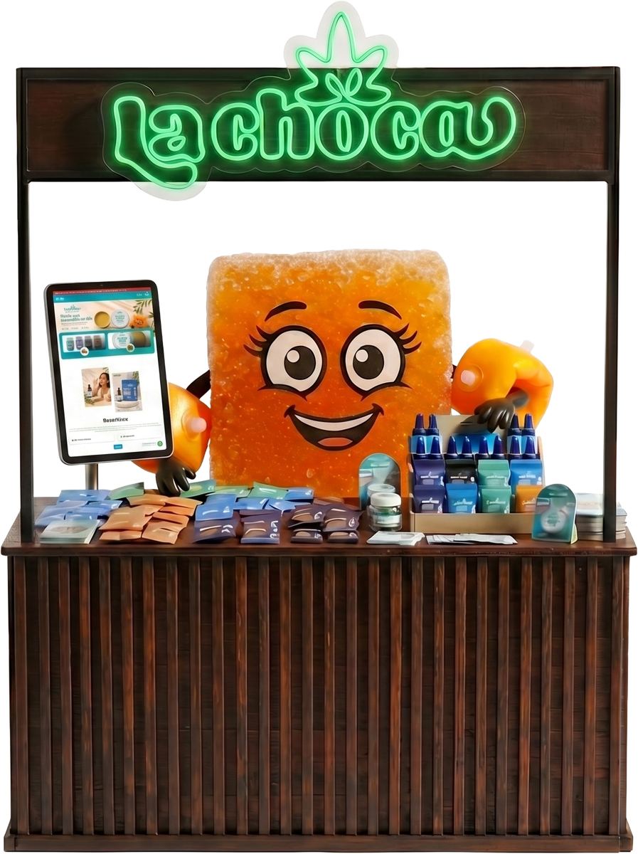 La gomita de La Choca atendiendo su puesto físico con letrero de neón